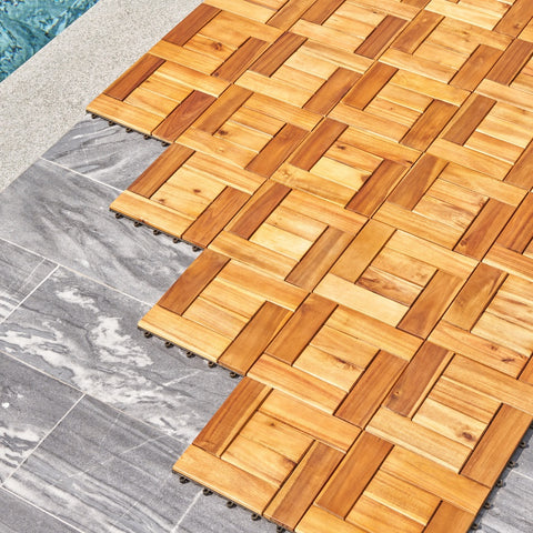Devitco Interlocking Wooden Deck Tiles - Set of 10 Tiles with 6 Puzzle Slats Each